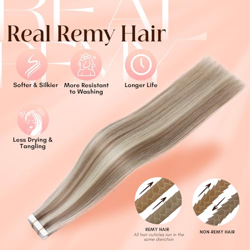 Image of Elailite Tape in Hair Extensions Human Hair Thick Real Remy Hairpieces Golden Brown & Bleach Blonde 14 Inch 40g 20pcs Straight Invisible Seamless Skin Weft Best Tape for Women