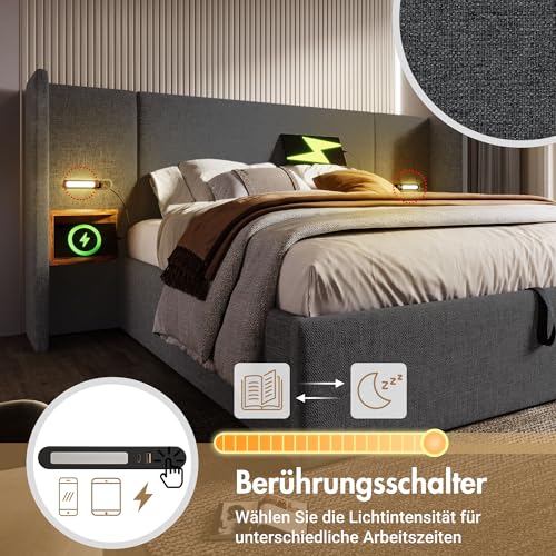 Gegtuon Doppelbett Polsterbett 180x200 mit LED-Licht & USB-Nachttischen, Bett Hydraulisch Stauraumbett mit Stauraum Kopfteil, Jugendbett Bettgestell mit Holz Lattenrost, ohne Matratze, Leinen (Grau)