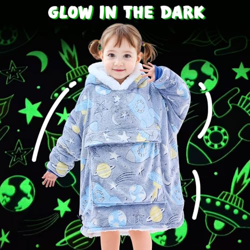 yescool Glow in The Dark Wearable Blanket Hoodie for Kids Toddlers 2-6YR Old Gifts, Oversized Blanket Sweatshirt with Sherpa for Christmas Thanksgiving Birthday Gifts, One Size, Universe