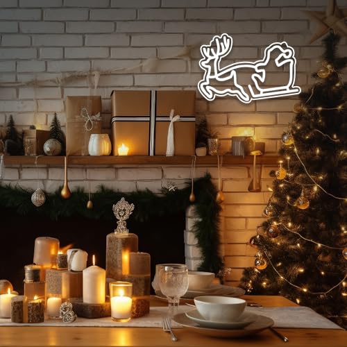 Image of Santa Claus And The Sled Neon Sign Christmas white LED Sign Light,Art Wall Decorative Night Light 3 Colors for Indoor Party Kids Bedroom Wedding Bar Pub Club Christmas Decor,15.94 inch*11.22 inch