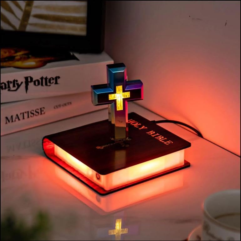 Christian Levitating Cross Lamp, Magnetic Levitating Cross Lamp Bible Nightlight, Cross Decoration with Glowing Base