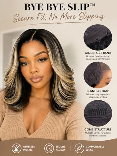 Image of Beauty Forever 7x5 Bye Bye Slip Glueless Lace Wig Human Hair Ash Blonde Highlight 14 Inch Feathered Layered Bob Wig Pre-Cut HD Lace Wear and Go Pre-Plucked Natural Hairline