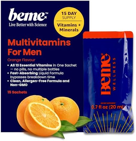 BeMe Be Vitalized Liquid Multivitamin for Men - Daily Liquid Vitamins & Minerals, A, B-Complex, C, D, E, K, Calcium, Zinc, Magnesium, Men's Health & Wellness Supplement Drink - 15 Sachets, Orange