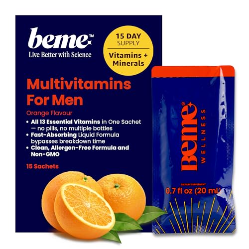 BeMe Be Vitalized Liquid Multivitamin for Men - Daily Liquid Vitamins & Minerals, A, B-Complex, C, D, E, K, Calcium, Zinc, Magnesium, Men's Health & Wellness Supplement Drink - 15 Sachets, Orange