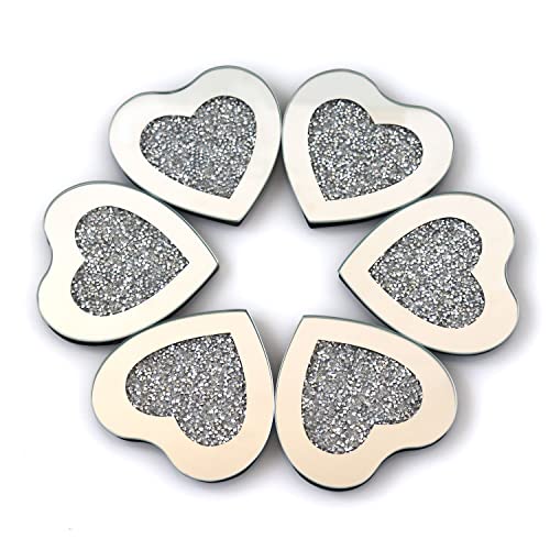 Glass Mirrored Coasters Set Of 6, Washable Crushed Diamond Costers For Kitchen Table 4 Inch Bling Heart Shape Mirrored Table Mats #TOP5