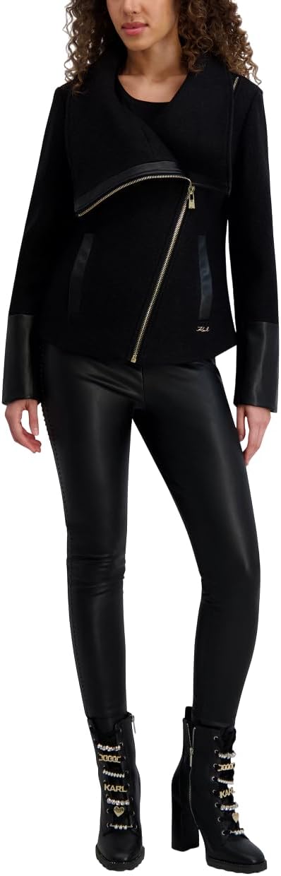 KARL LAGERFELD Women's Boiled Wool Short Assymetrical Zip Coat With Faux Leather Trim