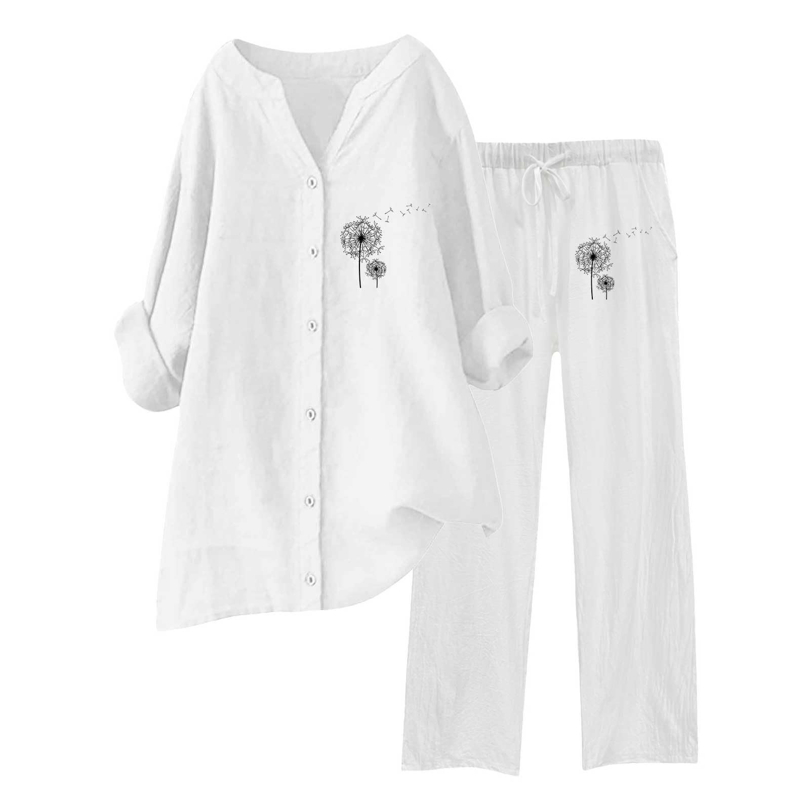 Ensemble Femme Pantalon Large Et Haut Tunique Longue Linen Sets Chic Elegant Chemise Vetement Grande Taille Homewear Tshirt Lin Ete Fluide Blanc Tenue D'intérieur Pull En Femmes
