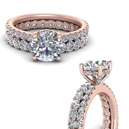 Image of Choose Your Gemstone Hidden Halo Diamond CZ Ring with Gemstone Band Rose Gold Plated Round Shape Wedding Ring Sets Minimal Modern Design Birthday Gift Wedding Gift US Size 4 to 12