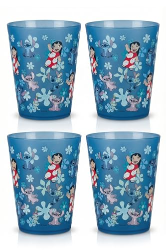 Image of Disney Stitch Plastic Drinking Glasses, Dishwasher Safe, 4-Pack | 16 oz, unbreakable, reusable, BPA-free, stackable to save space, great for water, juice, and family meals