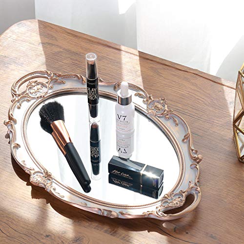 Zosenley Polyresin Ellipse Antique Decorative Mirror Tray, Makeup Organizer, Jewelry Organizer, Serving Tray, 9.8”x 14.6”, Golden Gray