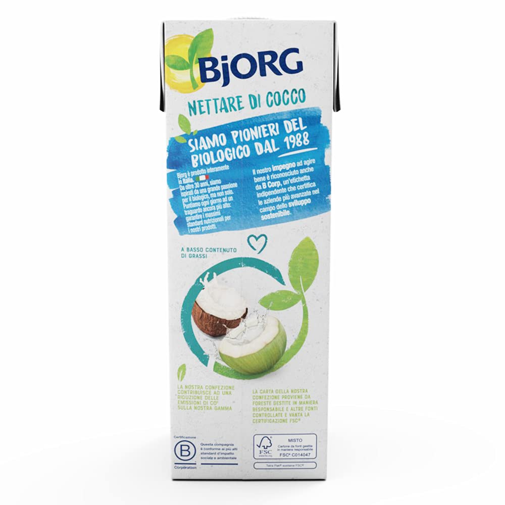 BJORG Bevanda Nettare di Cocco Biologica, Acqua di Cocco e Latte di Cocco, Bevanda Vegetale Senza Zuccheri Aggiunti, Senza Glutine, Vegan, Prodotto in Italia, 1L (Confezione da 9)