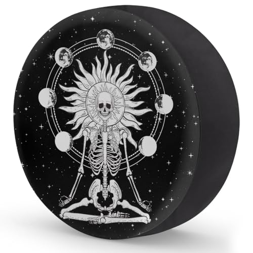 Image of Meditating Skeleton Skull Tire Covers Protectors Weatherproof Dust-Proof Moon Phase Spare Wheel Cover Fit for Jeep Wrangler RV, SUV, Truck Travel Camper Trailer Vehicle 15 inch