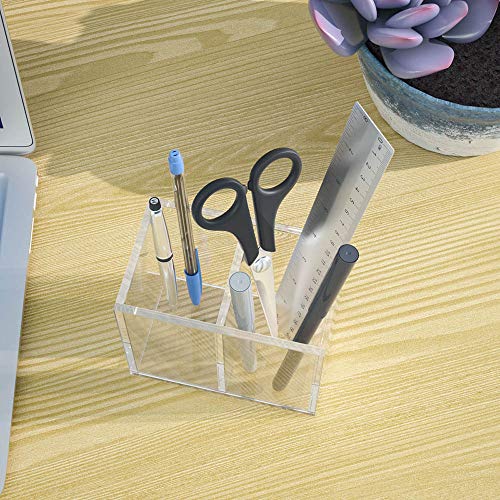 Image of NIUBEE Acrylic Pen Holder 2 Compartments, Clear Pencil Organizer Cup for Countertop Desk Accessory Storage