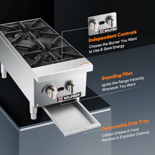Image of WILPREP 12 inch Countertop Gas Range, 2-Burner Commercial Hot Plate with 50,000 BTU, Natural Gas & Propane Conversion, Stainless Steel Stove for Restaurant & Home Kitchen, Durable Silver Design