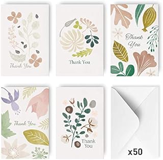 Rileys Thank You Cards Floral Assortment, 50-Count | 5 Designs, Envelopes Included, Weddings, Bridal Showers, Baby Shower, Bulk Variety Pack