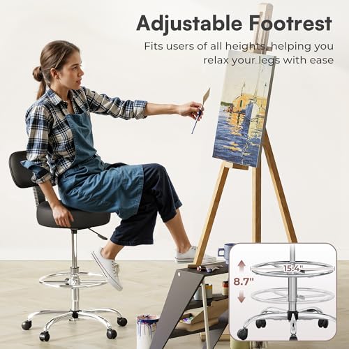 Image of SUPERJARE Drafting Chair with Back, Set of 3, Swivel Barstools, Adjustable Height Rolling Stool with Footrest, Standing Desk Chair for Counter Height Desk, Shop, Home & Kitchen, Clinic & Studio, Black