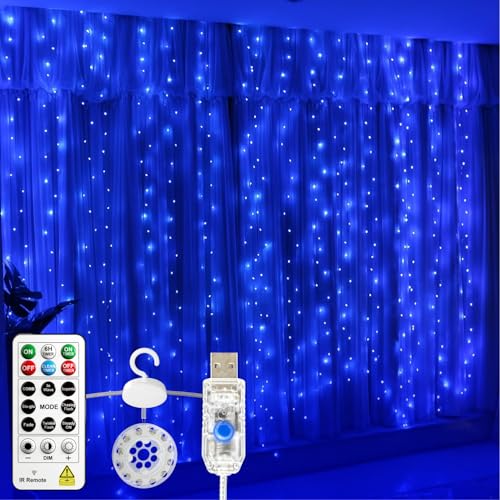 SINAMER Curtain Lights Indoor, 3m×3m 300LED Tangle-Free Fairy Lights with Remote & DIY Timer, USB Plug in 8 Modes Hanging Twinkle String Lights for Bedroom Christmas Wedding Party, Blue