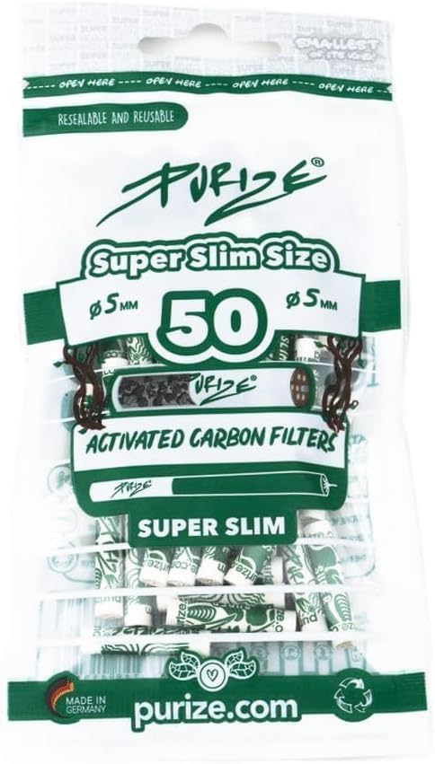 Purize Carbon Activated Filter Tips - Enhance Your Smoking Experience with Super Slim Charcoal Filters - 50 Pack with Vastu Storage Mylar Bag (White)