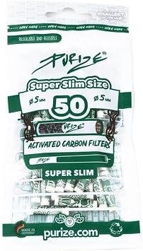 Purize Carbon Activated Filter Tips - Enhance Your Smoking Experience with Super Slim Charcoal Filters - 50 Pack with Vastu Storage Mylar Bag White