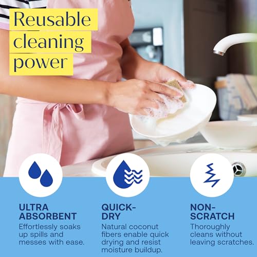 Image of Fab Tab Coconut and Cellulose Sponges, Plant-Based, Non-Scratch Cleaning Sponges for Dishes, Sinks, Stoves, Countertops, Odorless Kitchen Sponge, Reusable, Dishwasher Safe 12-Count