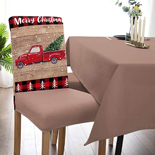 Savannan Merry Christmas Dining Chair Slipcover, Truck Tree Vintage Board Wood Grain Buffalo Check Stretch Covers Removable Parsons Protector For Kitchen Room Banquet Party, Set Of 6 #TOP4