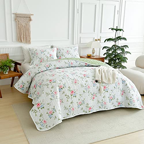 Green Leaves Botanical Quilt Set Queen Size 90X90 3 Pc With Red And Blue Flowers Reversible Soft Microfiber Lightweight Coverlet Bedspread Summer Bed Cover For All Season (1 Quilt+ 2Shams) #TOP3