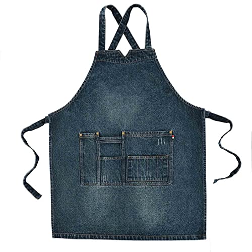 Barberology Delantal de Peluquero Delantales de Mezclilla para Hombres Delantal de Chef Cruzado en la Espalda con Bolsillos para Cocineros Camareros