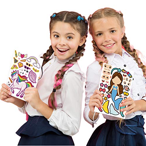 Konsait 48Sheets Make Your Own Stickers, Make A Face Stickers Set Mermaid Theme Tea Princess Sleepover Birthday Halloween Christmas Party Favor Stickers for Kids Goodie Bag Filler Rewards