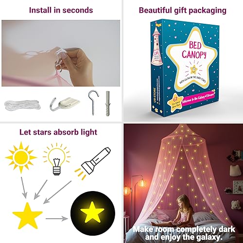 Image of Pink Canopy for Girls Bed with Pre-Glued Glow in The Dark Stars - Princess Mosquito Net Room Decor - Kids & Baby Bedroom Tent with Galaxy Lights - 1 Opening Canopy Bed & Hanging Kit Included