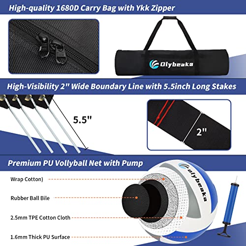 Olybeaka Portable Volleyball Net Outdoor For Backyard Beach Heavy Duty Volleyball Net Set System With 2" Adjustable Height Aluminum Poles, Pu Volleyball, 2” Boundary Line, Upgraded Anti-Sag Design #TOP6