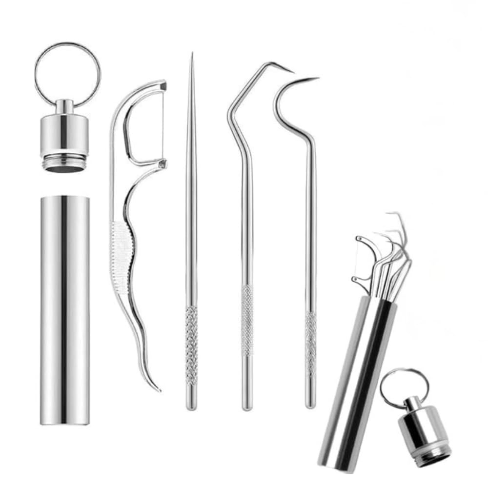 Prostuff.in® Stainless Steel Teeth Cleaning Tool Kit, Dental Floss Toothpicks Set with Aluminium Tube- Dental Tools Reusable Toothpicks Teeth Braces Cleaning Tools Kit for Outdoor Camping Traveling, [silver]- set of 1.-image-21