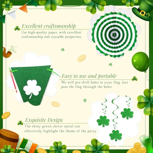 Image of 24 Pcs Green Birthday Decorations Kit, Paper Fans Pom Poms Banner 8-16 in | Green lime clover fans, pom poms, honeycomb balls, banner, swirls for birthday, safari, woodland baby shower, spring decor