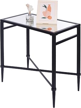 Metal Black End Table, Rectangle Side Table with Mirrored Top