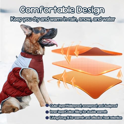 Wintermantel für GroBe Hunde, XL - 5XL Hundemantel Grosse Hunde, Große Reflektierende hundejacke Winter Haustier Rollkragen, Wintermantel Hund e Schnee geeignet, Rot,5XL