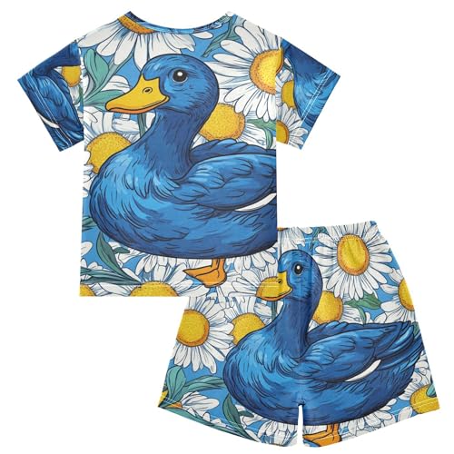 Cute Blue Duck Floral Flowers Summer Pajamas Set 2 Piece Short Cotton Sleepwear, 5-14 Years2