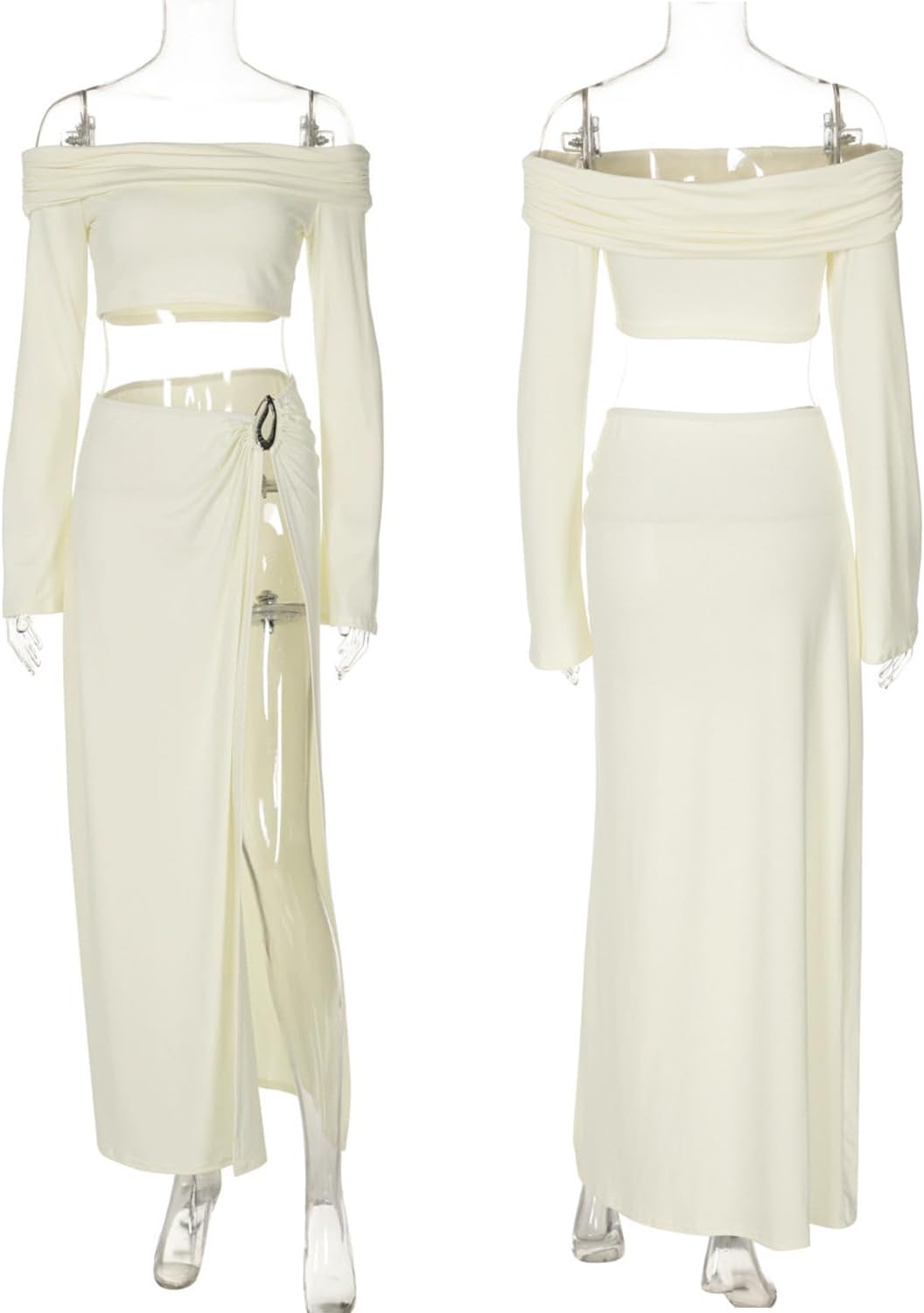 ANKOMINA Women's Sexy 2 Piece Outfit Off Shoulder Long Sleeve Crop Tops with High Split Maxi Skirt for Party Evening Club - Image 6