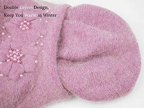 Aichuan Women Winter Knit Beret Hat Rabbit Hair French Style Beret Classic Warm Casual Beanie Hat Pink #TOP5