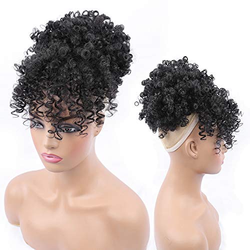 Entranced Styles Drawstring Ponytail With Bangs Afro Puff Ponytail Extensions For Women Short Curly Puff Ponytail With Bangs Clip In Wrap Updo Hairpiece(1B) #TOP3