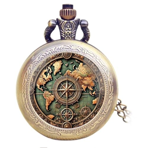 YIHAOYH Vintage Pocket Watch for Women Men Dragon Eagle Crow Design Bronze Quartz Pocket Watches with Chain Pendant Gift with Box (Bronze-map)