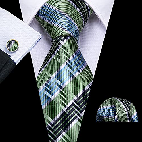 Image of Barry.Wang Plaid Ties for Men Silk Necktie Handkerchief Cuff Links Set