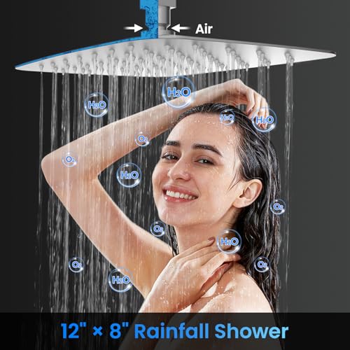 Set de grifería para ducha, sistema de lluvia de montaje en techo de 12" con 2 cabezales de ducha, 2 en 1 de mano, válvula de balance de presión de latón macizo y kit de recorte, acabado niquelado cepillado miniatura 3