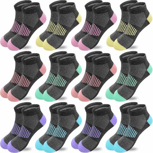 JAMEGIO 12 Pairs Girls Ankle Socks - Running, Athletic, Low Cut Socks for Little to Big Girls