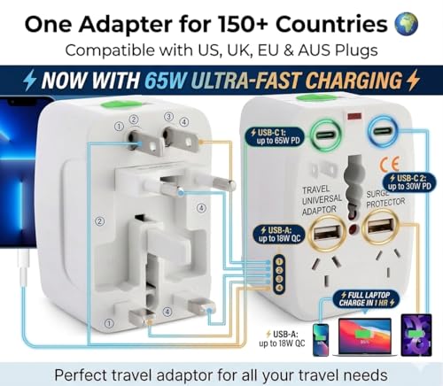 Image of Universal Travel Adapter with USB-C & Dual USB, International Travel Adapter, Worldwide Plug Adapter, All-in-One Power Adapter, Surge Protector