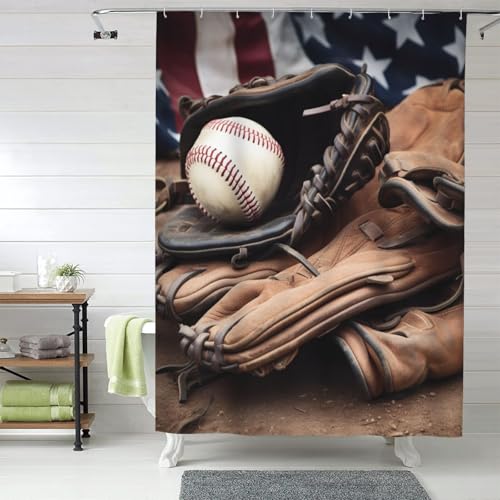 Rideau de douche décoratif et résistant style baseball avec 12 crochets solides