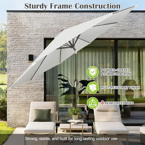 Image of Blissun 10FT Patio Umbrella, Outdoor Table Umbrella, Yard Umbrella, Market Umbrella with 8 Sturdy Ribs, Push Button Tilt and Crank, Cream White