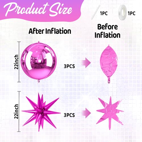Image of 6pcs 22 inch Hot Pink Star Balloons and Hot Pink 4D Large Foil Balloons, Foil Star Spike Balloon 4D Ball Balloon For Girls Women Birthday Baby Shower Party Wedding Engagement Mother's day Decorations