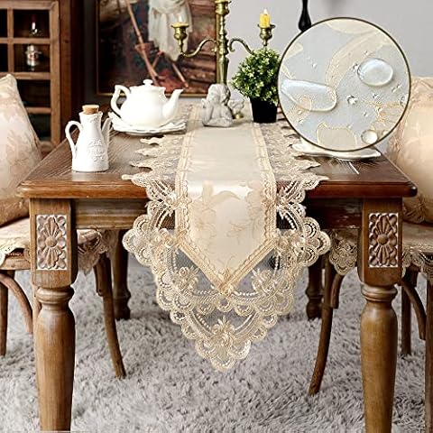SUTAVIA Lace Embroidered Table Cloth,Rectangular Farmhouse TableCover,Classic Antique Flower Decor Macrame Tablecloth,for Elegant Dinner Tables (Champagne, Table Runner, 16x60 Inch) Cover
