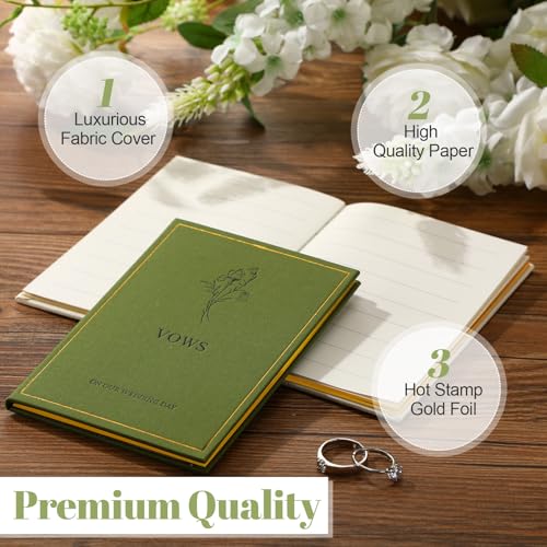 Image of Engrowtic Set of 2 Wedding Vow Books His and Hers Vows on Our Wedding Day Notebooks with Gold Foil Fabric Cover 5.8 inchx 4.1 inch Bride and Groom Gift for Newly Engaged Couple, 60 Lined Pages(Green, Beige)