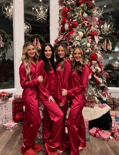Image of SWOMOG Long Sleeve Pajamas Set Silk Satin Sleepwear Button Down Pjs Loungewear with Pocket