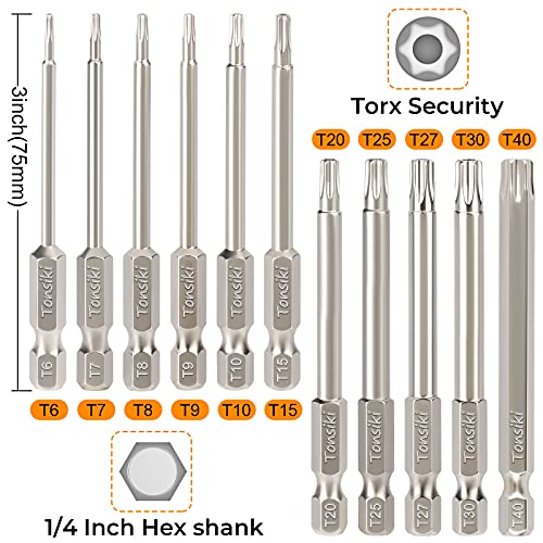 Torx Bit Set, Tonsiki 11Pcs S2 Steel Security Torx Bit Set, Tamper Proof Star Bit Set, Magnetic 1/4 Inch Hex Shank Torx Screwdriver Bit Set, 3'' Long, T6-T40 #TOP1